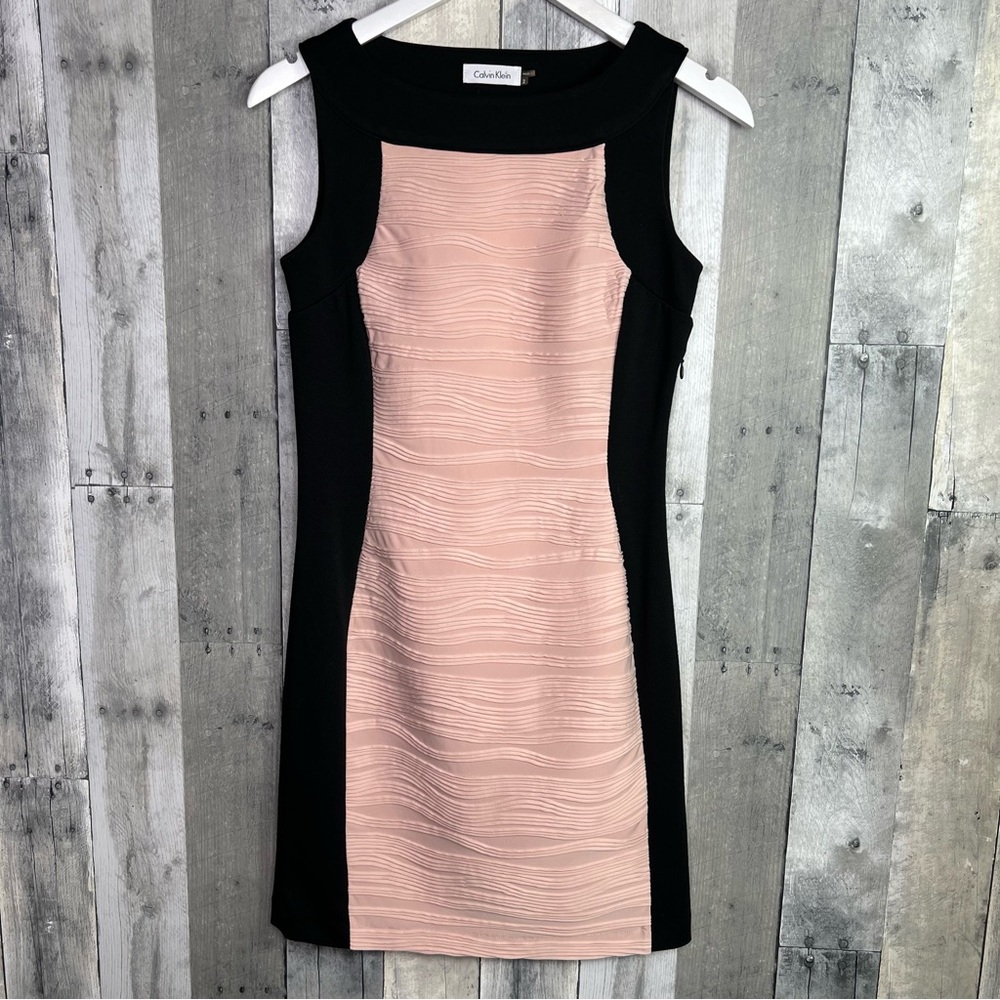 CALVIN KLEIN Nude Pink Black Textured Paneled Color block Sheath Dress Size 2